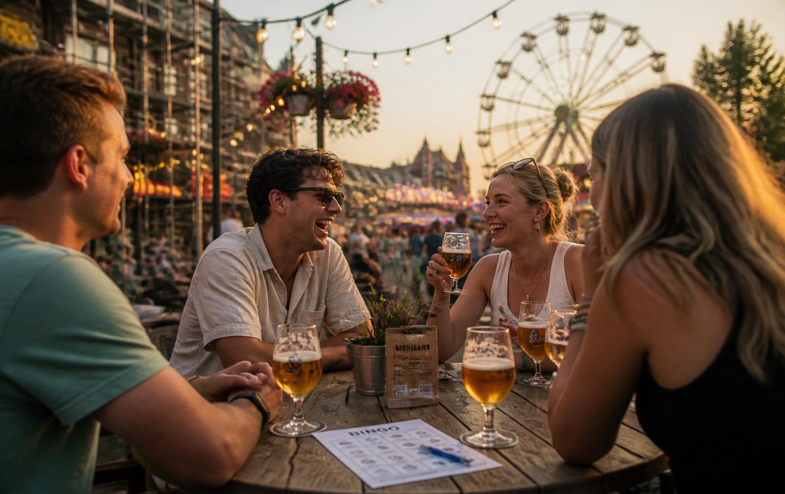 Vrienden lachen op een Nederlands terras met bingokaart en kermis op de achtergrond